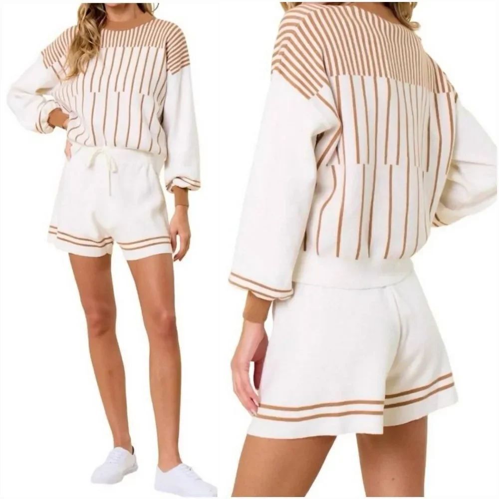 🔸️Fashion Cream & Tan Cropped Sweater & Shorts Lounge Set Medium